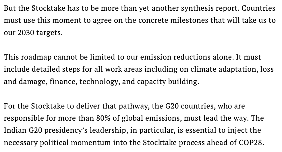 edking_I's tweet photo. UN #climate boss @simonstiell clear he doesn't want the #COP28 "Global Stocktake" to be s shiny report with some form of "roadmap" guff stuck on the front... talks in @Time of revisiting targets for 2030, end to greenwashing, $$ on table by G20 https://t.co/4z36WEWD65 https://t.co/K02WaRbbnB