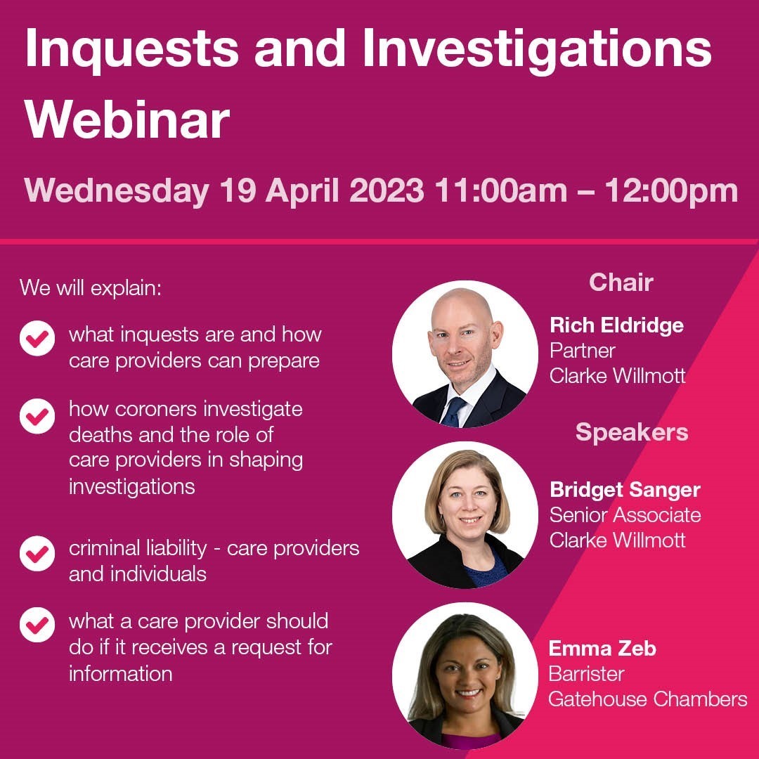 ClarkeWillmott's tweet photo. Join Rich Eldridge and Bridget Sanger from our team and barrister Emma Zeb of @gatehouse_law as they explain inquests and investigations.  To register please visit our website https://t.co/ZakJNBMQux https://t.co/tlb04j5UXI