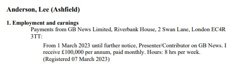 PolitlcsUK's tweet image. 🚨 | BREAKING: Tory Deputy Chair Lee Anderson will earn £100k a YEAR for just 8 hours/week on GB News