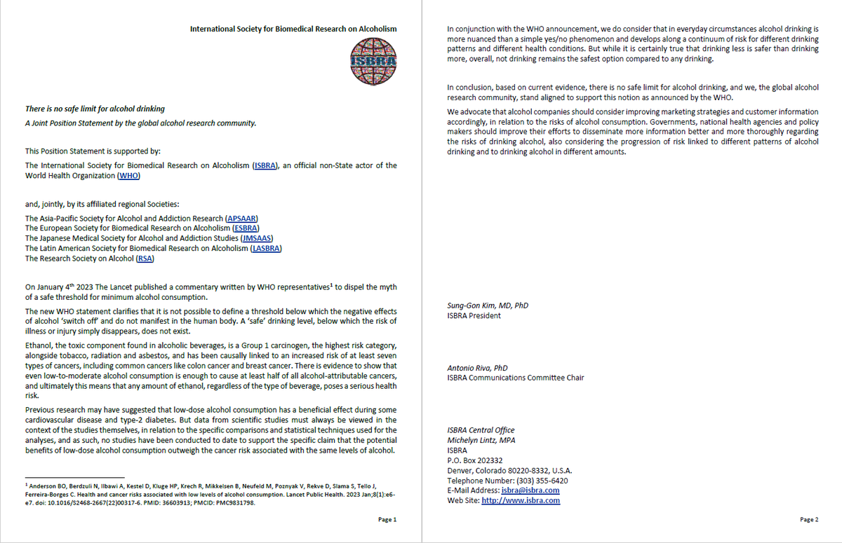 *There is no safe limit for alcohol drinking* 

Joint Statement by the global alcohol research community supporting @WHO 

@ISBRAComm #APSAAR @esbra_society @JMSAAS1966 #LASBRA @RSAposts
@Movendi_Int

@DrAntonioRiva 

#Alcohol #AlcoholAwareness #AlcoholResearch #AlcoholAddiction