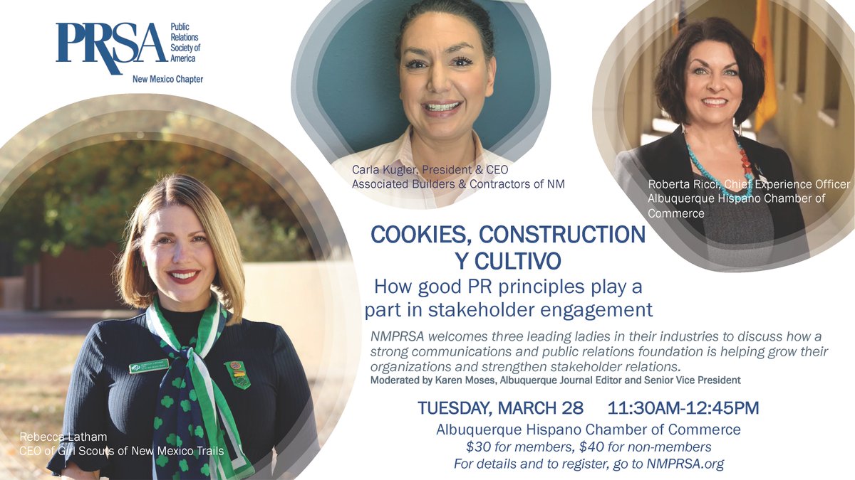 Next Tuesday, March 28 join us for Cookies, Construction, and Cultivo!

Our panel will discuss how a strong communications and public relations foundation is helping grow their organizations - a must for stakeholder engagement!

Register: nmprsa.org/meetinginfo.php

#Albuquerque