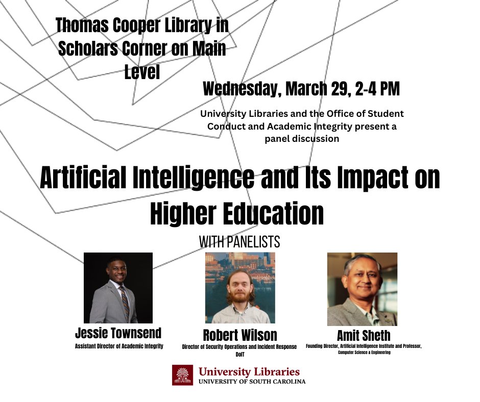 UofSC_TCoop's tweet image. Don’t miss out on our upcoming panel discussion on AI in higher education! Join us in Thomas Cooper Library on March 29th (2-4pm) to hear from experts from the Artificial Intelligence Institute, @UofSCtech, and Academic Integrity on the opportunities and concerns surrounding AI.