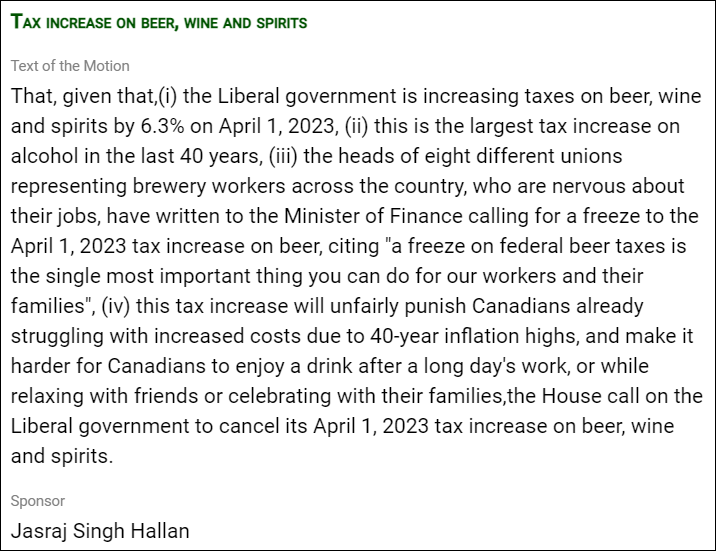 Tonight, we're urging all 333 MPs to support <a href="/jasrajshallan/">Jasraj Singh Hallan 🇨🇦</a>'s motion calling on the government to cancel the 6.3% federal tax increase on beer, wine and spirits.

If adopted, it will help combat inflation and protect unionized brewery jobs.
cc: <a href="/SeamusORegan/">Seamus O'Regan Jr</a> <a href="/theJagmeetSingh/">Jagmeet Singh</a>
