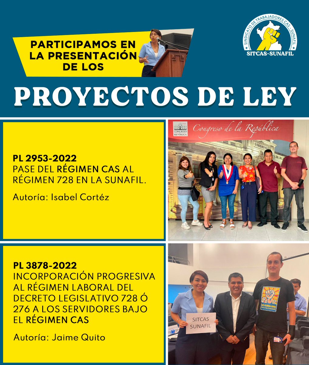Apoyamos los proyectos d ley presentados por los congresistas <a href="/chabelitacongre/">Isabel Cortez</a> y <a href="/JaimeQuito6/">Jaime Quito</a>  gran iniciativa d reconocimiento de derechos laborales para todos los servidores CAS. 

💪¡Sin luchas no hay victorias!    
✊¡CASnuncaMás!

📨Contáctanos al correo cassunafil@gmail.com