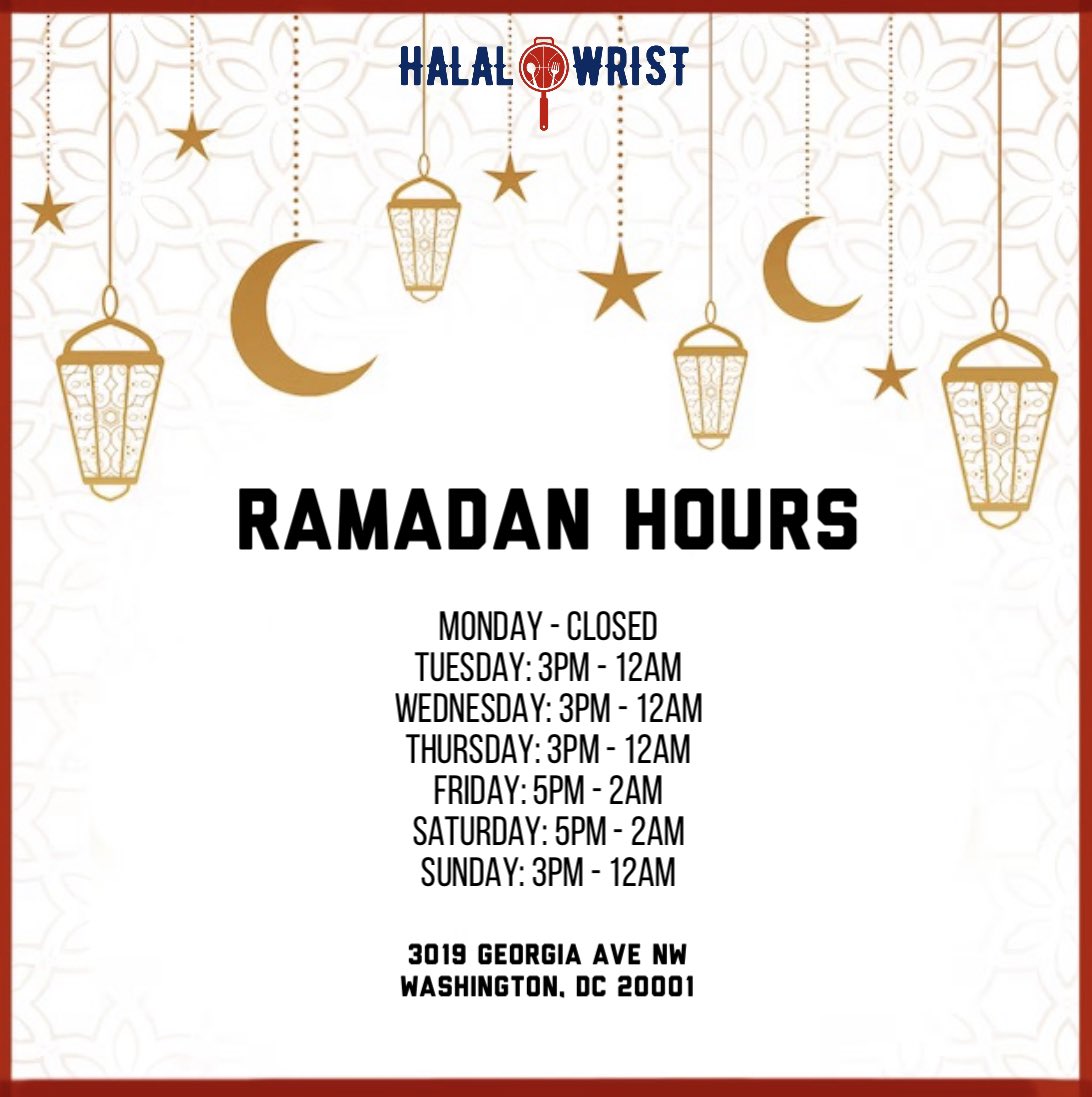 RAMADAN MUBARAK from the <a href="/halalwristeats/">Halal Wrist Restaurant</a> team! ✨🌙 iA a blessed month for you and your families. We look forward to serving you all this Ramadan! #Ramadan 

3019 Georgia Ave NW
Washington, DC 2001