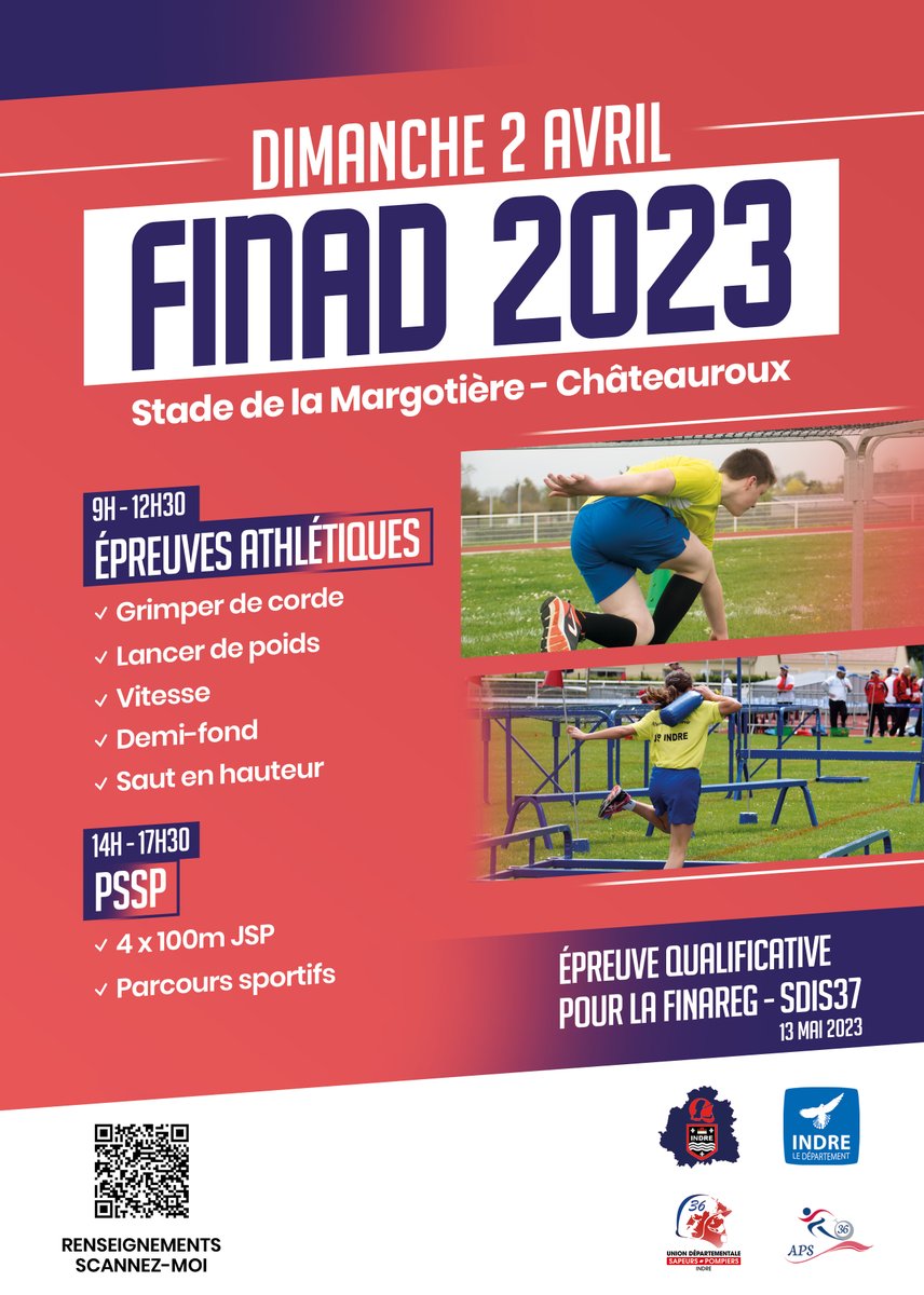 pompiers36's tweet image. #FINAD 💪🏃Finale départementale des épreuves athlétiques et du parcours sportif (#PSSP)
🗓️ Dimanche 2 avril 2023 

⚠️ Il reste seulement 2 jours avant la clôture des inscriptions ce 24 mars. 

ℹ️ Plus d’informations 👉 sdis36.org/inscriptions-p…
