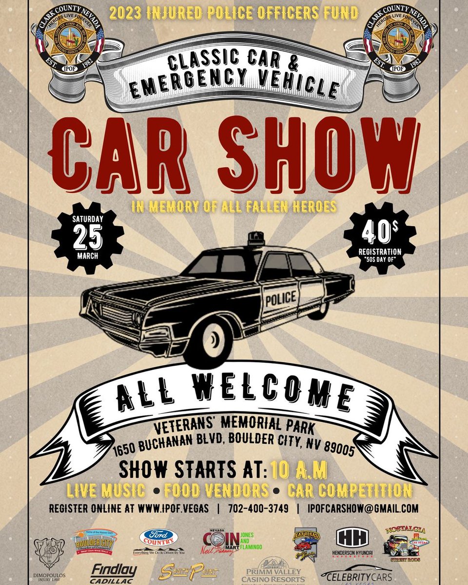 nsrlasvegas's tweet image. Take a quick trip to #BoulderCity this weekend for the Injured Police Officers Fund CLASSIC CAR and EMERGENCY VEHICLE SHOW! HAPPENING SATURDAY, MAR 25, 2023; register online at ipof.vegas for $40/$50 day of. #IPOF #IPOF2023 #IPOFCarShow @nsrlasvegas