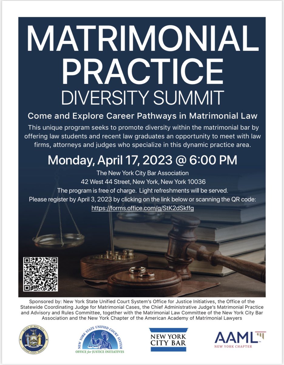 Good opportunity for law students and recent graduates to learn about a career in Matrimonial Law and meet with Judges and Attorneys, and for the Matrimonial Bar to increase diversity in this are of practice. #law #lawstudents #lawschool
