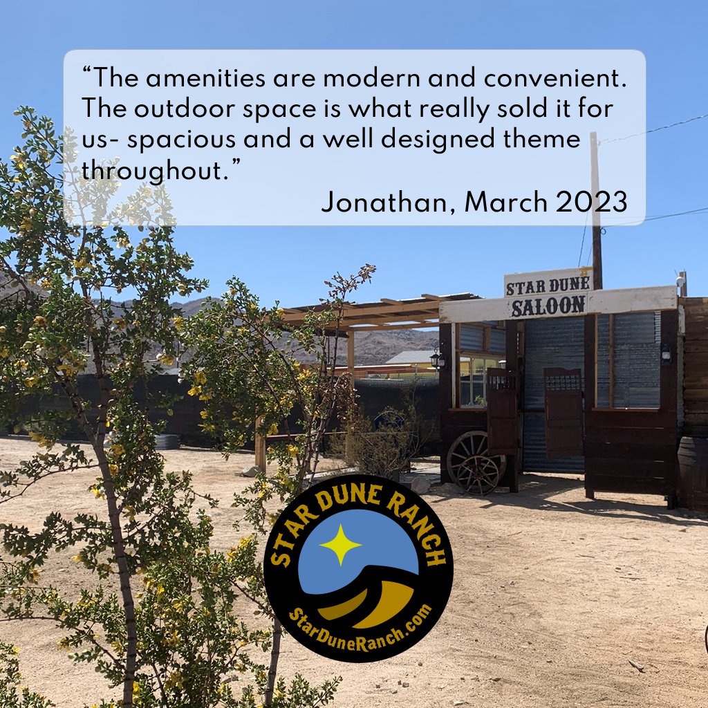 "The amenities are modern and convenient. The outdoor space is what really sold it for us - spacious and a well-designed theme throughout." - Jonathan, March 2023

Experience Star Dune Ranch for yourself! 🤠🌵
Click  starduneranch.com/quick-links/

 #airbnb #travel #vacation #joshuatree