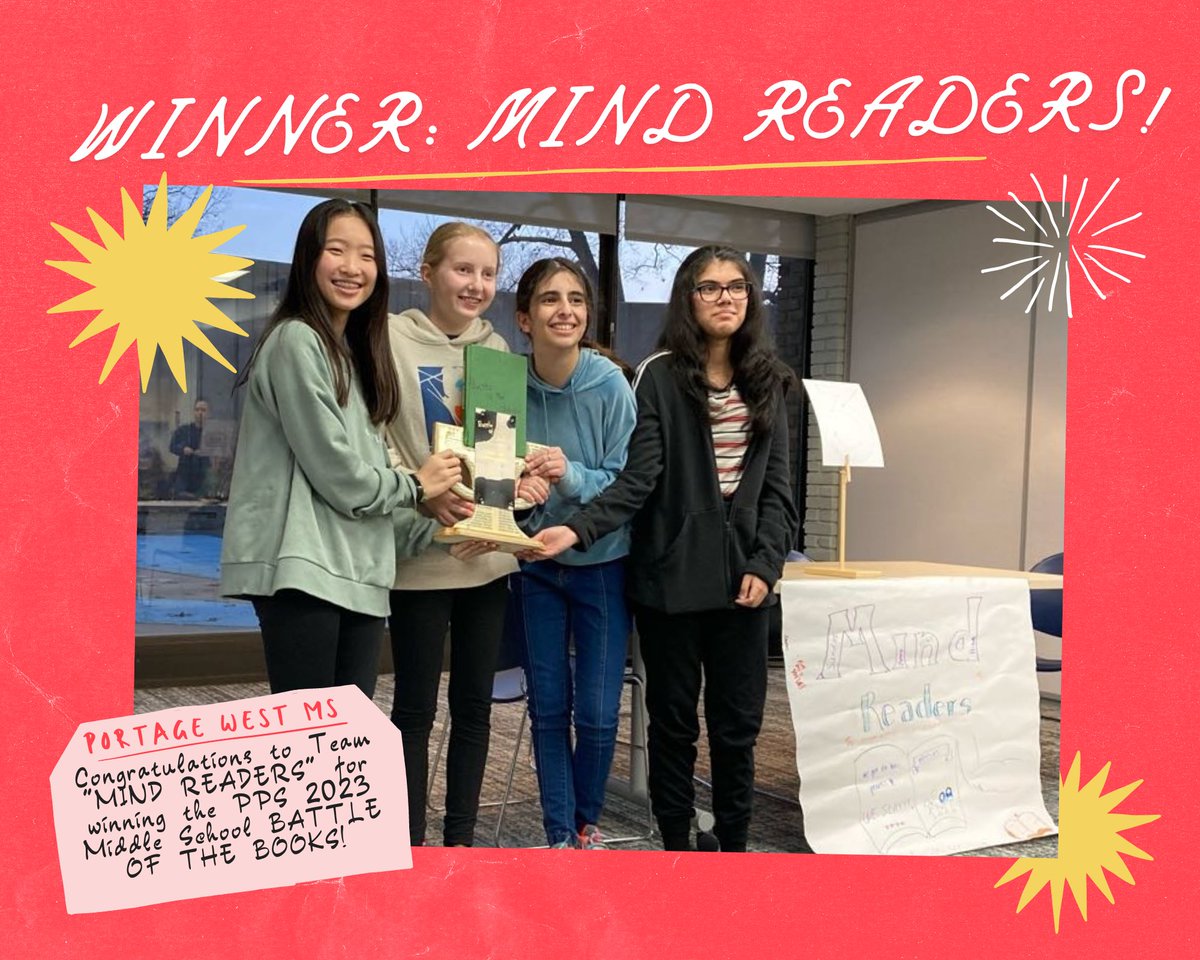 GoWestMS's tweet photo. Congratulations to Team "MIND READERS" for winning the 2023 @portageschools Middle School #BattleoftheBooks! That's 2 years in a row for West! 

Great job to all the teams from West, @PortageNorthMS, and #PortageCentralMS.  #MindReaders #AllIn #TheWestWay https://t.co/Lj19KHmlsC