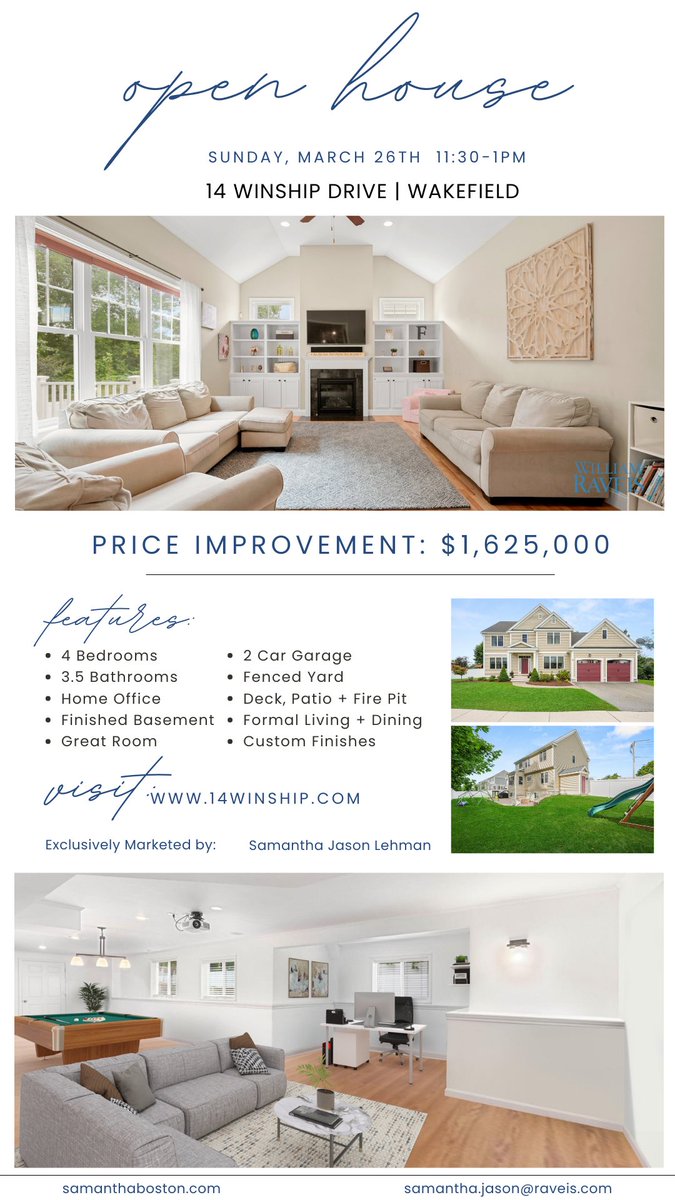 samantha_jason's tweet image. Open House on Sunday 11:30-1p at 14 Winship Drive #wakefield New Price: $1,625,000 visit 14Winship.com for a virtual tour and more photos. @WilliamRaveis #realtor #bostonrealtor #williamraveis
