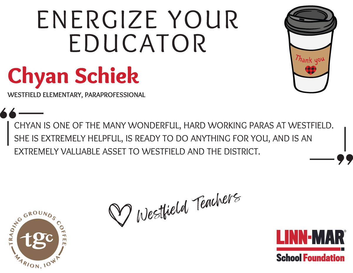 ENERGIZE YOUR EDUCATOR ☕ Congratulations, and thank you❤️🖤

Chyan Shiek - Westfield Elementary - Paraprofessional

Sponsored by Trading Grounds