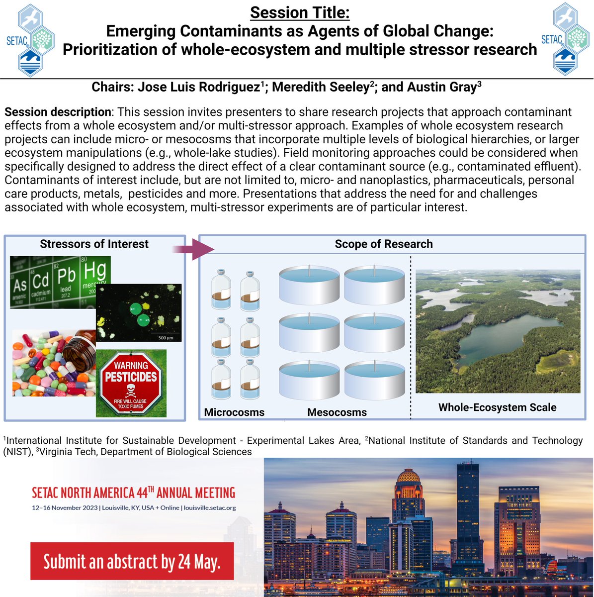 austin_doug13's tweet photo. Abstract submission for #SETACLouisville is now open until May 24! Please consider submitting to our session (@pitrod @Meredith_Seeley and me), emphasizing co-contaminant research at the micro, mesocosm or whole ecosystem scale! @pnwmicroplastic @studentsofSETAC @Diverse_SETACNA https://t.co/W7EkabLvZu