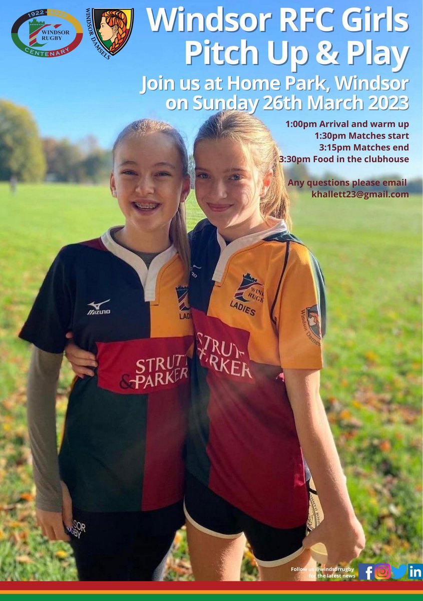 windsorrugby's tweet photo. Windsor RFC Girls Pitch up and Play, 
26th March 2023 at Home Park 

🏉1pm Arrival and warm up
🏉 1:30pm Matches start 
🏉3:15pm Matches end
🏉3:30pm Food in the clubhouse 

Questions?? 📨khallett23@gmail.com 

https://t.co/fFiQRIFkBj

🟢🔴🟠⚫️

#WINDSORRUGBYCLUB #WRFC #ONECLUB https://t.co/Thb4BOeu83