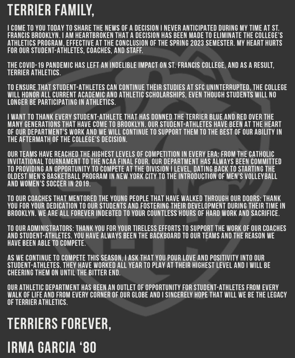 I’m heartbroken as I try to navigate the unknown for my players &amp; staff, helping them find the right fit at a new school w/ good people. I Love my players &amp; my heart is heavy for them. Please pray for all of us, especially my boss, Irma, who has devoted 45 yrs of her life to SFC.