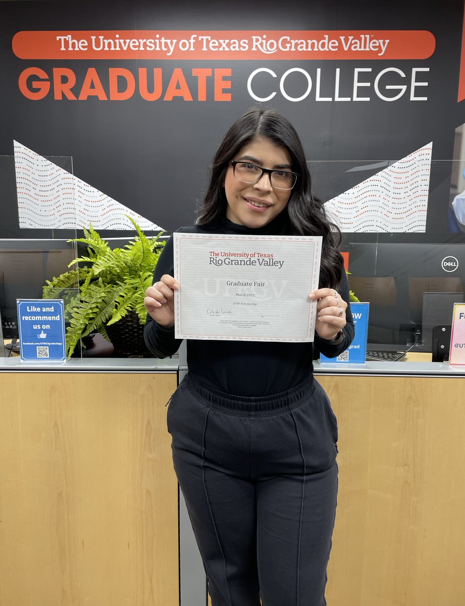 Congratulations, Celeste, one of the lucky winners of our $500 scholarship at our recent Graduate Fair in Edinburg! Join us at our upcoming Graduate Fair at the Brownsville Campus on March 23rd and you could be our next scholarship winner. RSVP: link.utrgv.edu/gradfair