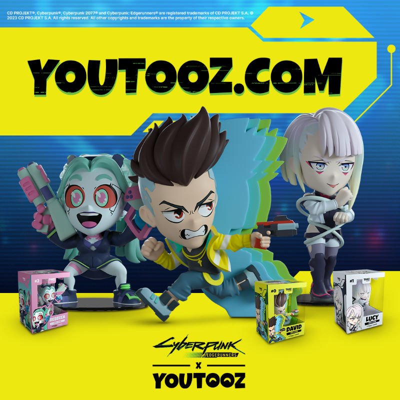 youtooz's tweet photo. New Cyberpunk: Edgerunners collectibles are out now!