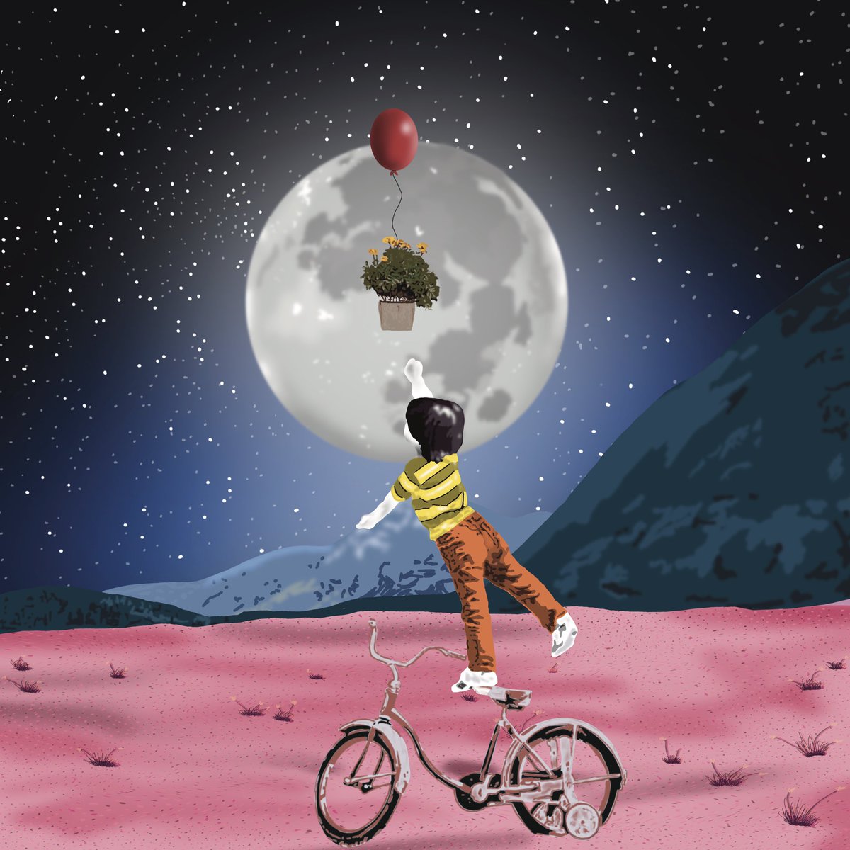 New ideas #procreate #DigitalArtist I took this photo off the internet, stenciled out the little boy & his bike, placed him inside one of my landscapes & added tension by placing the flowerpot & balloon just out of his reach while he balances. A great metaphor for my own dreams.