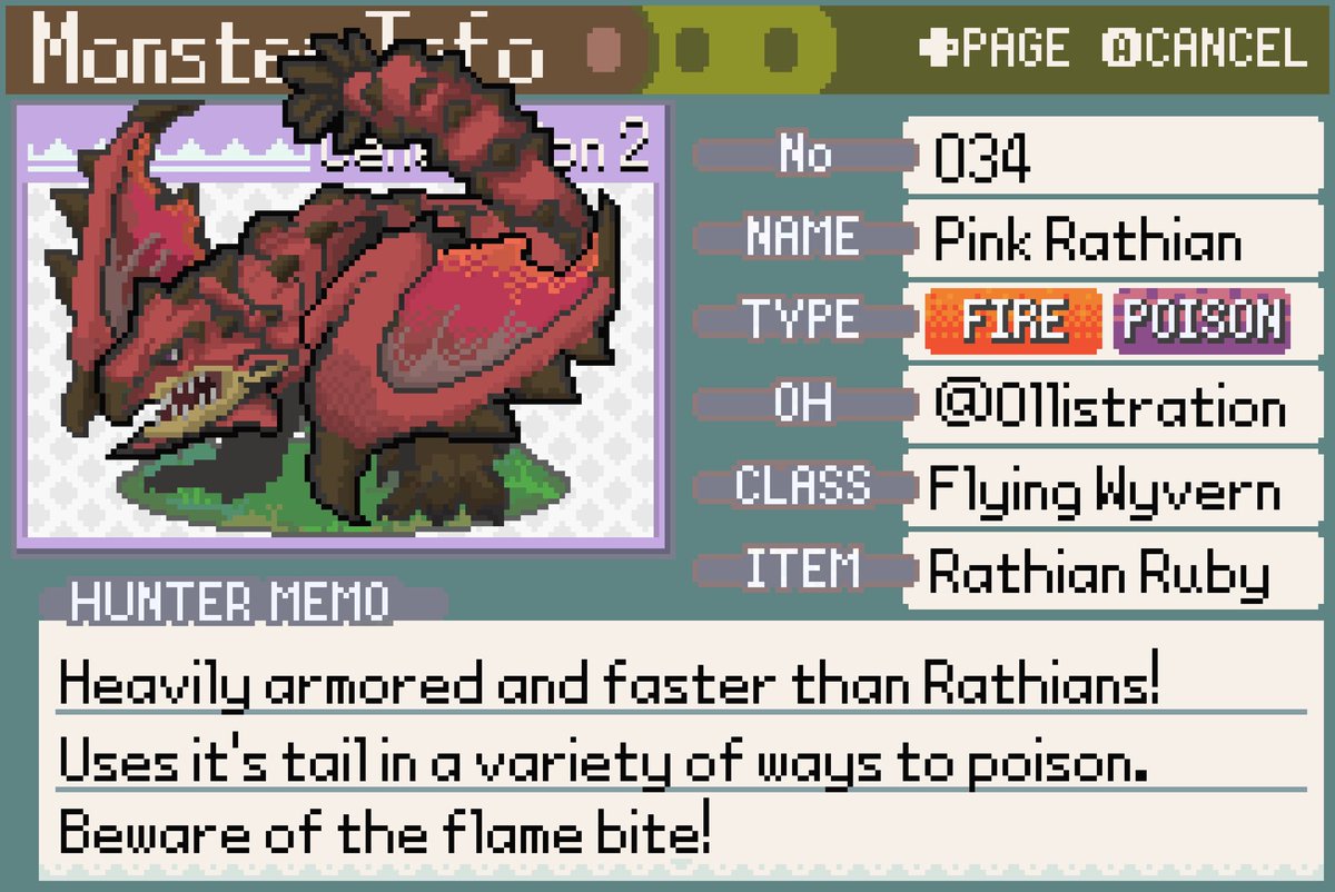 ollistration's tweet photo. She’s back! Not as green but more mean? She burns when she bites! Pink Rathian is now entered into the #monsterdex 

#pixelart #MonsterHunter #Pokemon https://t.co/mR8lJFhJ0J