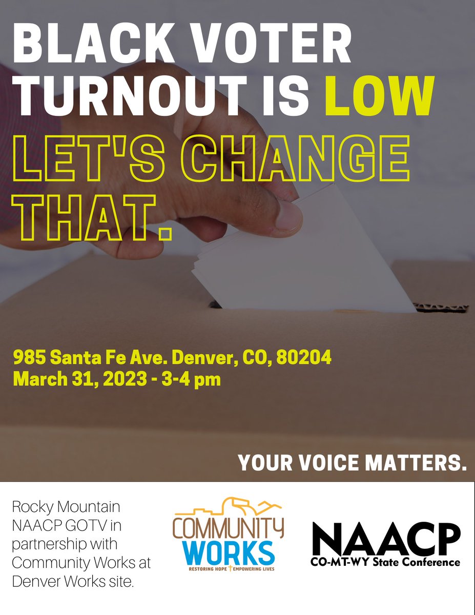 PortiaColorado's tweet image. Ballots are out for the Denver Mayoral race! Have you voted? @rmnaacp March 31st 3pm-4pm Rocky Mountain NAACP State conference GOTV in partnership w/ Community Works @ the Denver Works site location. 985 Santa Fe Ave Denver Co 80204! @CJChairJJackson #copolitics #blackvotesmatter