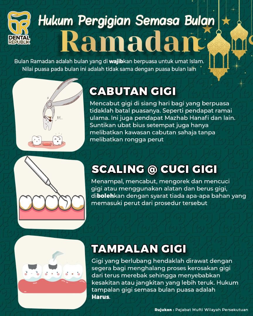 IzzaAleena's tweet photo. Ramadhan month is back! Yes, dental treatments are permissible during fasting. Treatments that don’t break your fast are as below. Come and get your teeth checked at Dental Republik Cyberjaya. Ramadhan Mubarak everyone! @Twt_Cyberjaya https://t.co/0r2nZDcW9e https://t.co/B5Hwkbx4X0