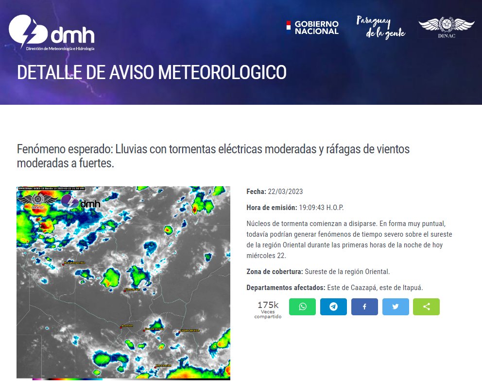 DMH_paraguay's tweet photo. Aviso Meteorológico N°: 375/2023 Emitido.
Enlace: https://t.co/OZG2YFgwQN
Fecha: 22/03/2023
Hora: 19:09 h. https://t.co/yHGVjaEzpf
