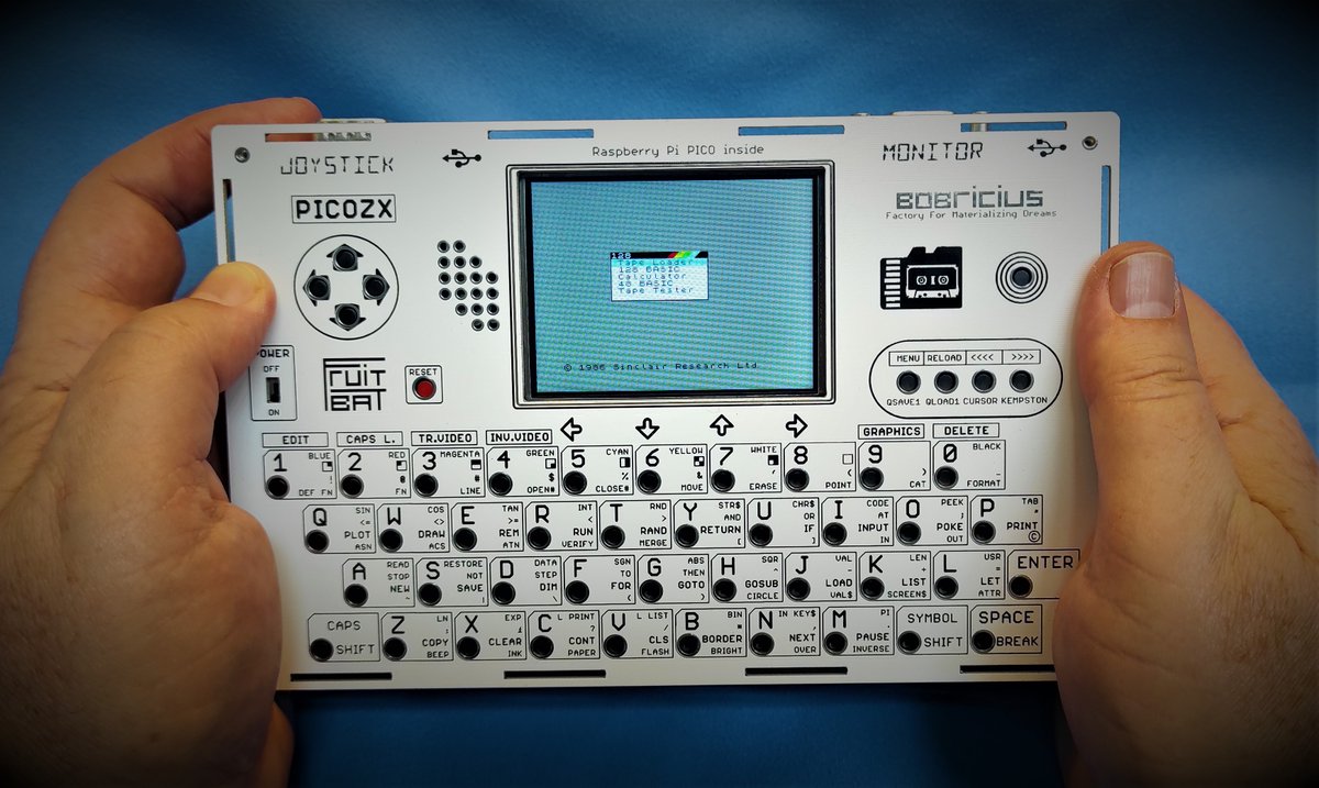 bobricius's tweet image. Quick first preview of ZX Spectrum handheld.
Full 40 button kung-fu keyboard
2.8&quot; IPS LCD, VGA, Atari DSUB9 joystick, SDcard storage, USB OTG keyboard/joystick, Battery charging. AY sound on speaker + 3.5mm jack
and more
Single RaspberryPi PICO.

Black or patreon.com/bobricius…