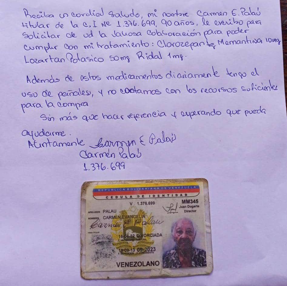 Lolitorre092's tweet photo. #ServicioPublico La hermosa abuela Carmen Palao, de 90 años.
Se requiere: Losartan Potásico 50mg, Ridal  1mg, Clonazepam 0,5mg y Memantina de 10mg.
Aparte de los pañales.
Nos ayudan para lograrlo y darle una mano a la Abuela Carmen. https://t.co/Wnqe1JRic4