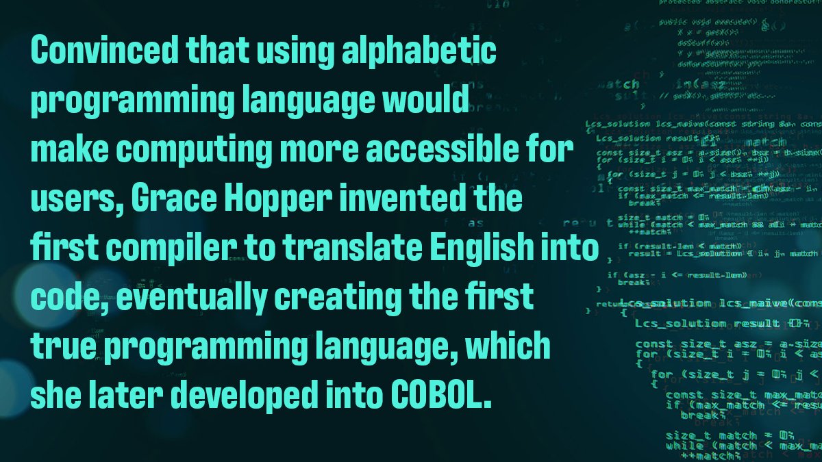 CascadeoCorp's tweet image. Before Grace Hopper’s groundbreaking work, computers dealt in arithmetic programming only. In 1952, she published her first paper on compilers, which translate alphabetic language into various types of code. 2/5
#WomensHistoryMonth #WomeninSTEM #WomenCoding