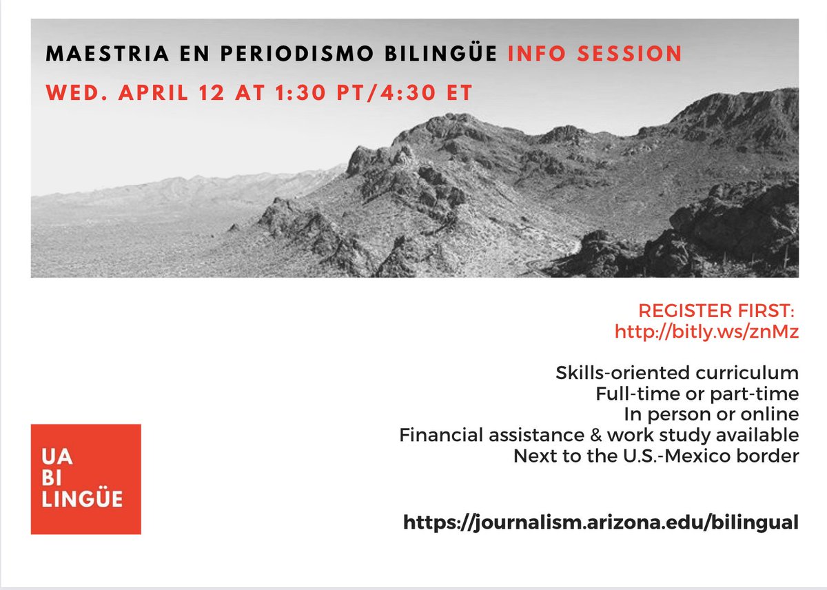 Our Bilingual Journalism MA Program will be both in person and online in Fall 2023! 

Let us know if you have any questions. DM us. Or come to our final info session this spring--Wednesday, April 12 at 1:30 PT/4:30 ET.

Please register first: bitly.ws/znMz