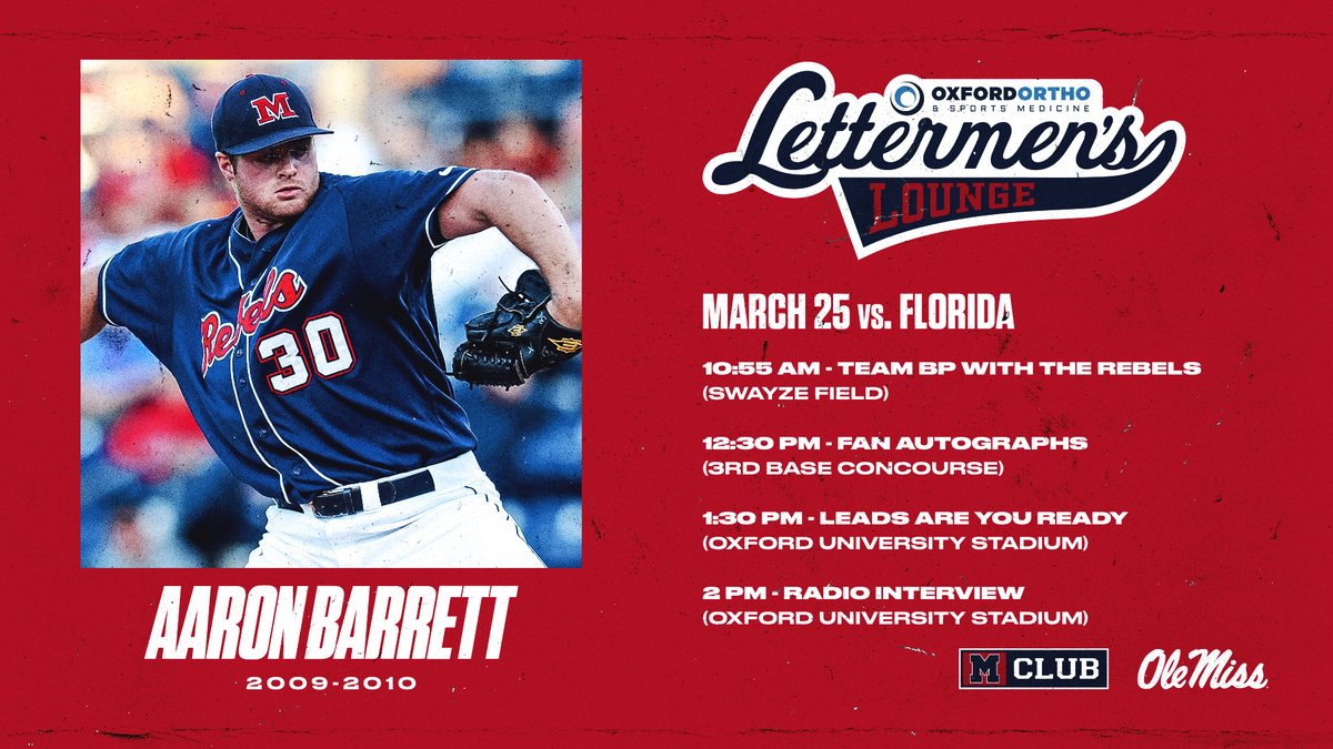 We're looking forward to welcoming former Rebel and World Series Champion, @aaronbarrett30, back to Swayze on Saturday! 🔴🔵 @OxfordOrtho | #HottyToddy