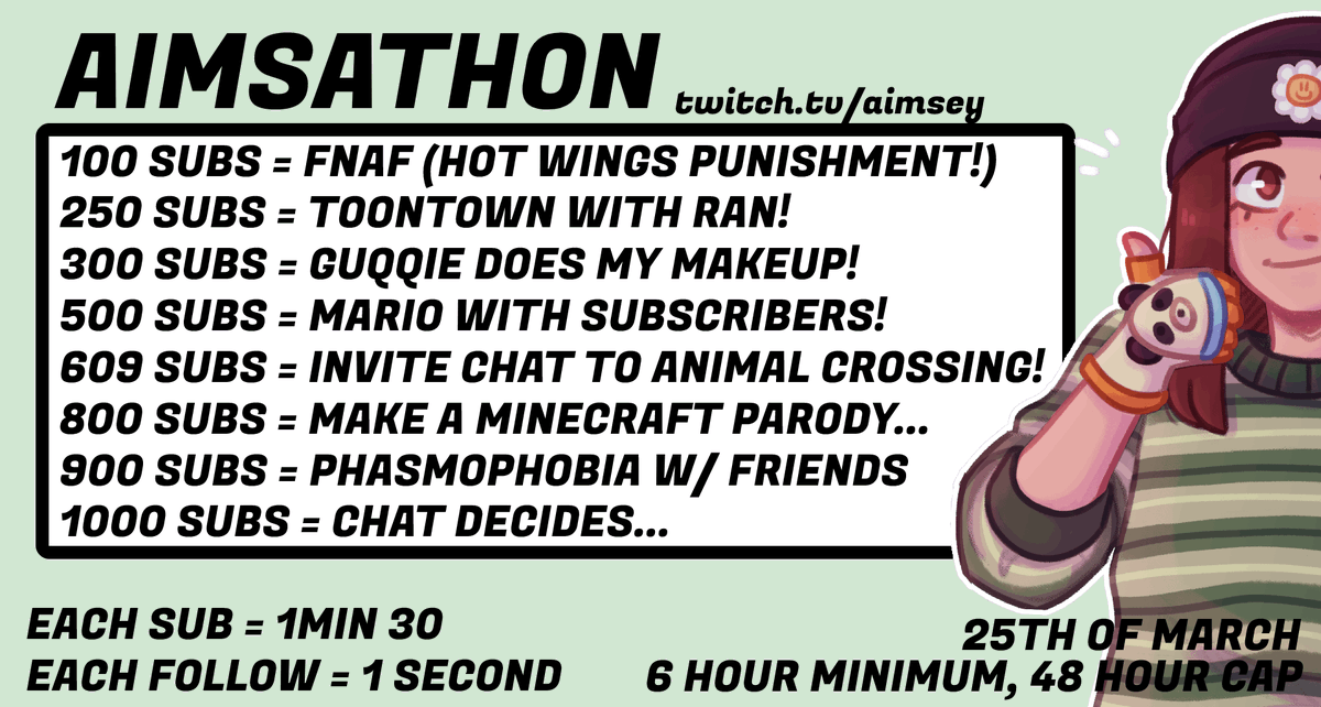 aimseytwo's tweet photo. THIS SATURDAY I AM DOING A MINI SUBATHON! 

ON THE 25TH OF MARCH I WILL BE STREAMING FOR AS MANY HOURS AS CHAT WANT ME TO! :D 

LOTS OF GAMES, LOTS OF FRIENDS, LOTS OF FUN :)

EACH SUB IS 1MINUTE 30, EACH FOLLOW IS 1 SEC! 

SEE YOU AT 6PM GMT THIS SATURDAY! https://t.co/1BqML0GOdk