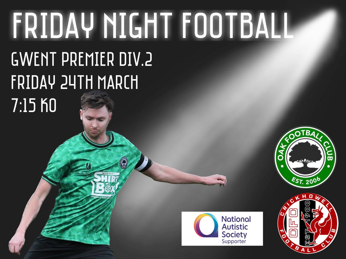 TheOakFC's tweet photo. 💡💡FRIDAY NIGHT LIGHTS💡💡

This Friday we play @CrickhowellFC ‘home’ in the league. Kick off is 7:15pm. 

*please note the game is taking place at Abertillery Leisure 3G due to repairs on our pitch. https://t.co/1twnavHqzp