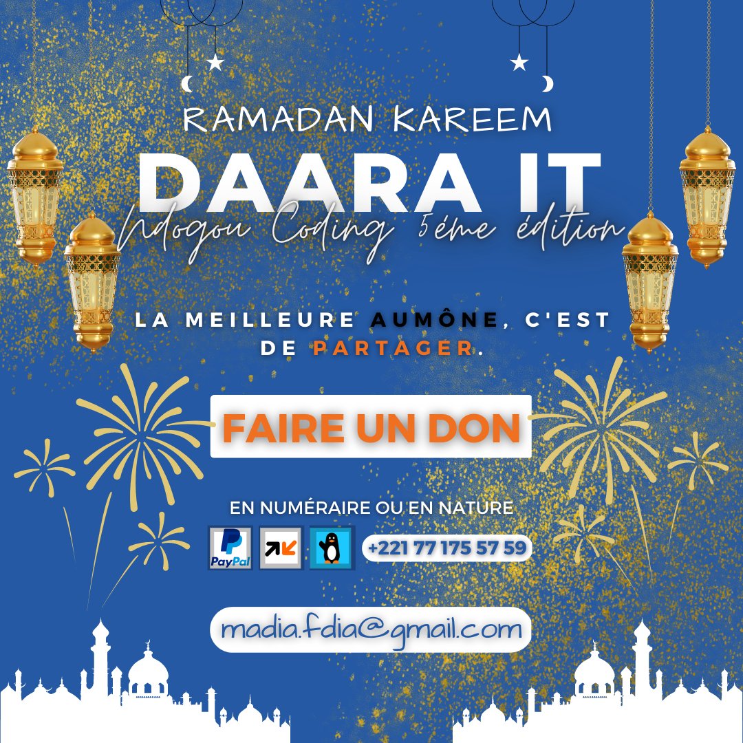 Daara_IT_Com's tweet photo. Ramadan Mubarak !
Bon ramadan à tous 🙏 n'oubliez pas de faire un geste pour le #Ndogou_Coding Cher réseau
#DaaraIt #RamadanMubarak #Ndogou #Coding https://t.co/GnbYLwx1iF