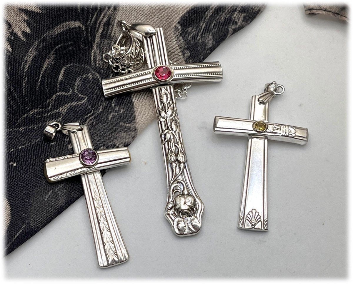 jradca's tweet photo. More cross pendants in my #etsy shop: Rosemary Cross Pendant Necklace from 1906 Silverplate Handles, Rose Pink Crystal, Silverware Jewelry, Easter, Christian, Religious https://t.co/LCDwMPMg11 #silver #cross #easter #women #hope #artnouveau #resurrection #silvercross https://t.co/yeH92FjRhG