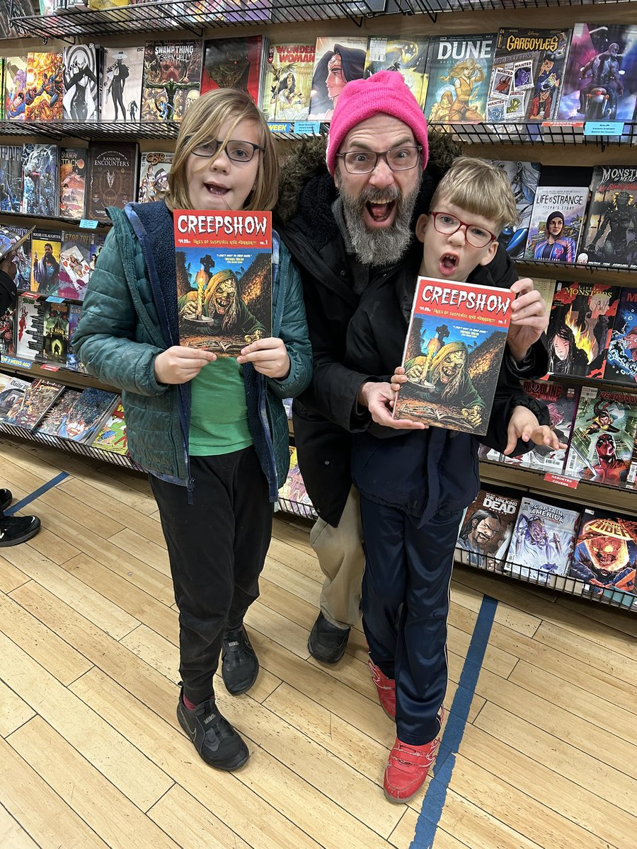 New comic book day! Took the boyz to Midtown Comics to celebrate the release of the trade paperback release of CREEPSHOW VOL 1, featuring our story’HUSK’ written by me and art by Anwita Citriya. On shelves now! #creepshow #ncbd #skybound #skyboundcomics #horror #comics