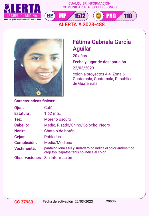 isabel_claudina's tweet photo. #AlertaIsabelClaudina
Fátima Gabriela García Aguilar       
Desapareció  el 22 de marzo de 2023
Cualquier información comunicarse al teléfono 📞 1572
Gracias por difundir esta información❗ https://t.co/uiEUPh5FRx
