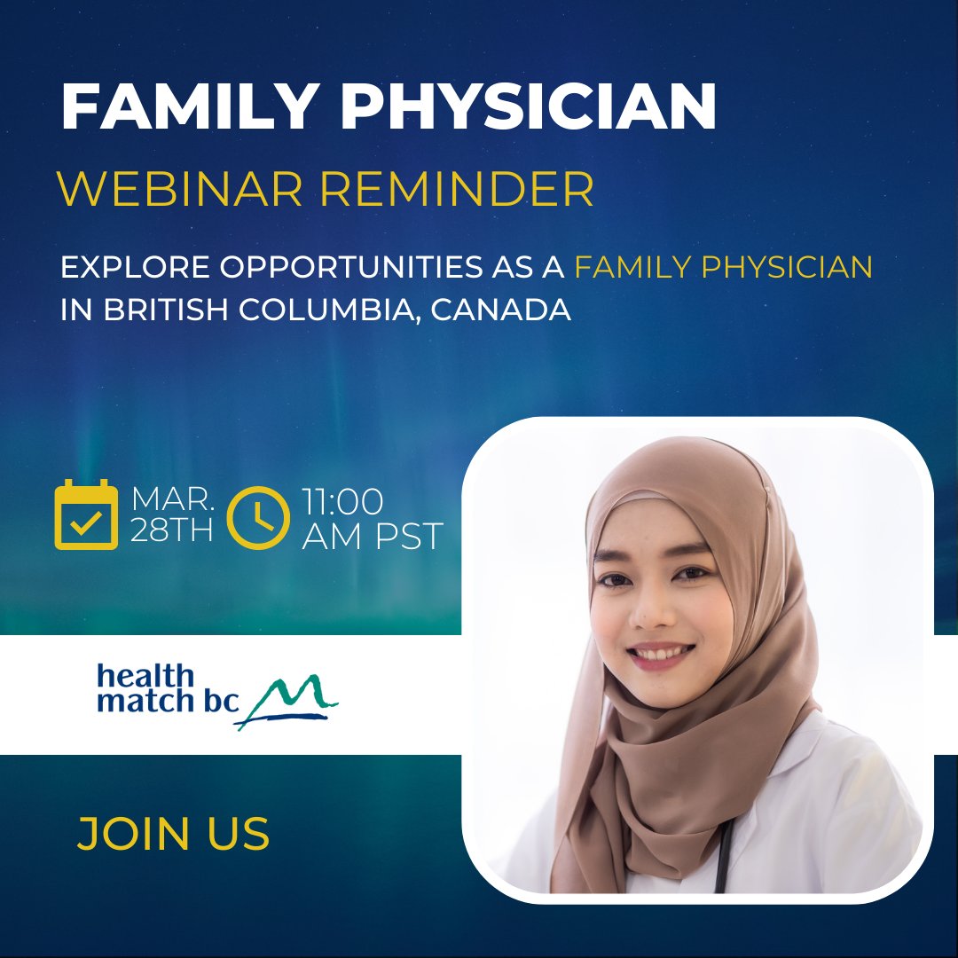 Looking for a career as a family physician in British Columbia, Canada?  Join our free-to-attend #webinar on March 28th at 11 AM PST to learn how you can take the next step to an exciting career in beautiful BC! Register today: ow.ly/Mh5Q50NpEuN

#Physician #FamilyPhysician