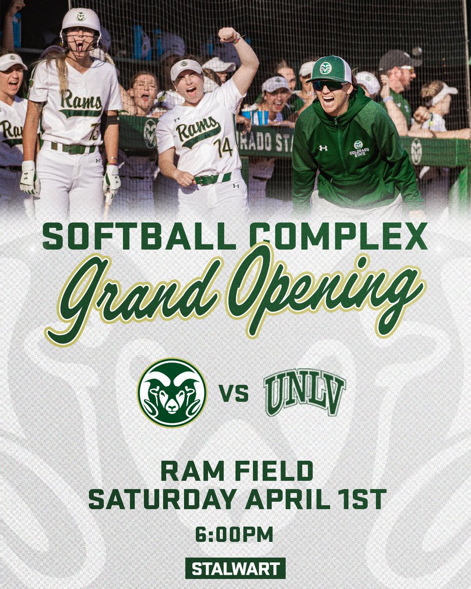 CSURams's tweet photo. 𝗚𝗿𝗮𝗻𝗱 𝗢𝗽𝗲𝗻𝗶𝗻𝗴! 💫

Join us April 1st for @CSUSoftball's first ever night game &amp; grand opening of the 𝙉𝙀𝙒 Softball Complex!

⏰ 5 p.m. Pre-Game Celebration
🥎 6 p.m. vs. UNLV
🎟️ Free Admission!

📝 https://t.co/1ae9EaZihO https://t.co/kNSwo3zoL5
