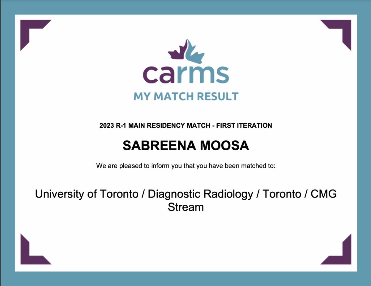 Sabreena Moosa (@_sabreenaa) on Twitter photo Incredibly thrilled to be joining <a href="/UofTMedIm/">UofT Medical Imaging</a>!! Beyond grateful for all my family, friends and mentors who made this possible 🥹🤍 #CaRMS2023 Incredibly thrilled to be joining <a href="/UofTMedIm/">UofT Medical Imaging</a>!! Beyond grateful for all my family, friends and mentors who made this possible 🥹🤍 #CaRMS2023