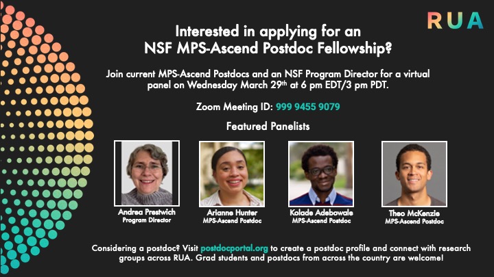Research University Alliance (@resunialliance) on Twitter photo Learn about the NSF MPS-Ascend Postdoc Fellowship from those in the know. Join @AriHunter_ , <a href="/KoladeAdebowal1/">Kolade Adebowale, Ph.D.</a> and Theo McKenzie as they share their experiences and advice.
March 29th 6 pm Eastern/3 pm Pacific
Open to students from all institutions (not just RUA)! Learn about the NSF MPS-Ascend Postdoc Fellowship from those in the know. Join @AriHunter_ , <a href="/KoladeAdebowal1/">Kolade Adebowale, Ph.D.</a> and Theo McKenzie as they share their experiences and advice.
March 29th 6 pm Eastern/3 pm Pacific
Open to students from all institutions (not just RUA)!
