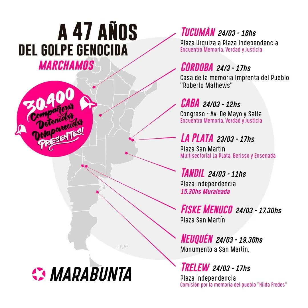 MarabuntaArg's tweet photo. A 47 AÑOS DEL GOLPE GENOCIDA MARCHAMOS!! 🔥✊
#CABA #LaPlata #Córdoba #Tucumán #Neuquén #FiskeMenuco #Tandil #Trelew 

¡30400 COMPAÑERES DETENIDES DESAPARECIDES PRESENTES! ¡AHORA Y SIEMPRE! 💥 https://t.co/8qAFGXKwcN