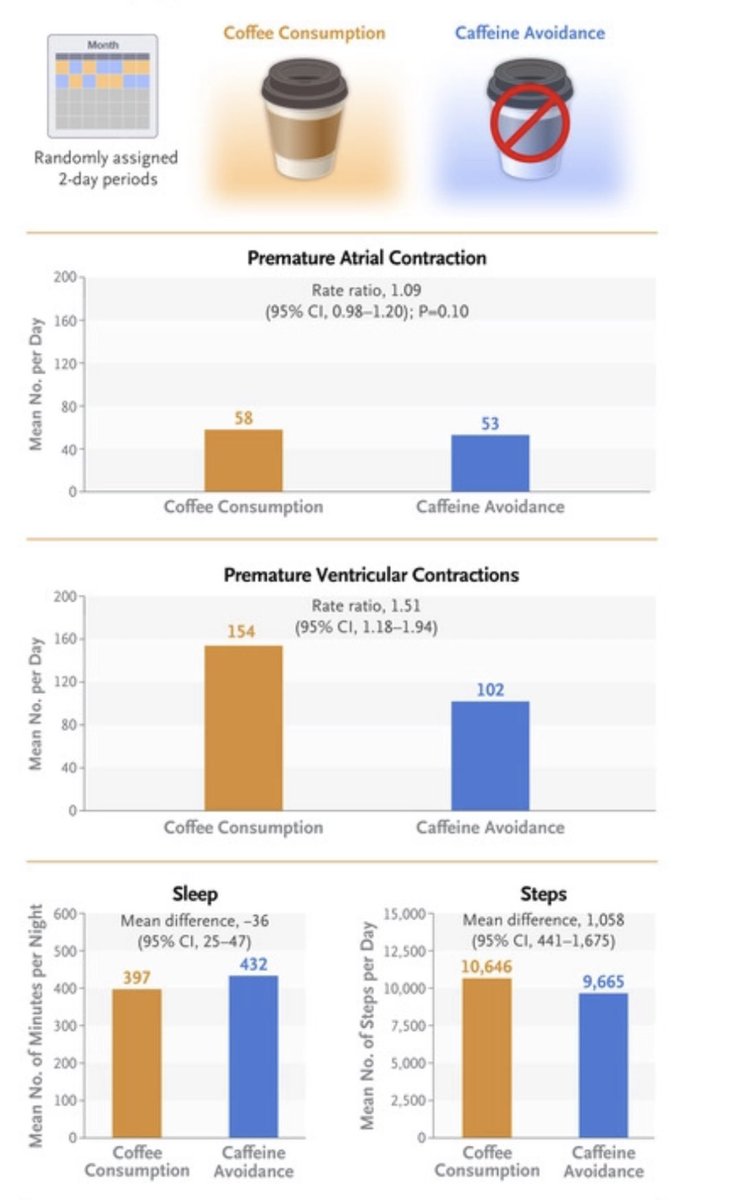 ValleAlfonso's tweet photo. ☕️ consumption of caffeinated coffee vs no caffeine consumption was associated
👉 154 & 102 daily premature ventricular contractions, respectively 👉10,646 and 9665 daily steps
👉397 and 432 minutes of nightly sleep 👉 glucose levels of 95 mg/dl & 96 mg/dl
⚠️consumption of caffeinated coffee did not result in significantly ↗️ premature atrial contractions than the avoidance of caffeine @NEJM
