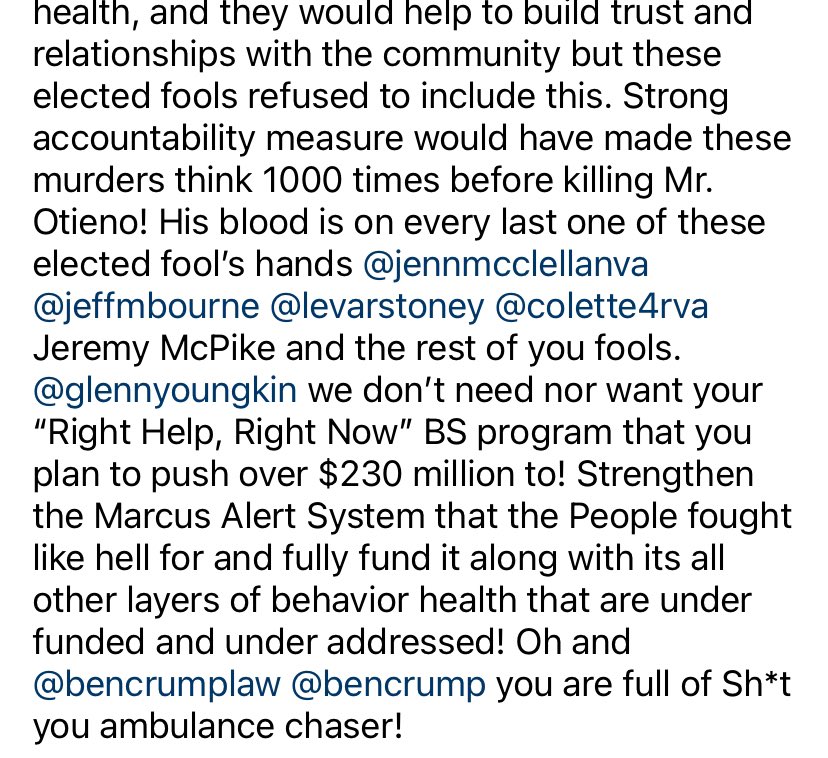 The blood of Irvo Otieno is on all of the elected fool’s  hands here in Virginia‼️ <a href="/JennMcClellanVA/">Jennifer McClellan</a> <a href="/LevarStoney/">Levar Stoney</a> <a href="/Colette4rva/">Colette McEachin</a> Jeremy McPike, Jeff Bourn &amp; the rest of you Performative Politician‼️ Y’all failed the people &amp; on 3/6/2023 y’all failed Irvo &amp; his family! #HelpNotDeath