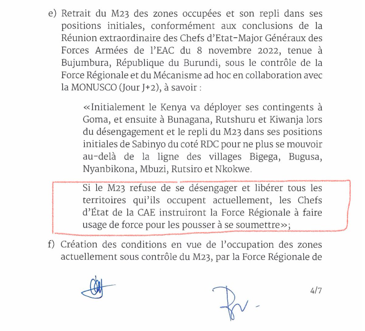 #RDC: "Si le M23 refuse de se désengager et libérer tous les territoires qu'ils occupent actuellement, les Chefs d'État de l'EAC instruiront la force régionale à faire usage de force pour les pousser à se soumettre", (Communiqué Chefs d'État du 23 Novembre 2022 à #Luanda).