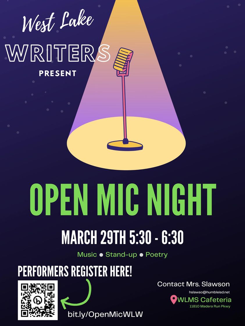 Mrs_Slawson's tweet photo. We still have a few open spots for next week's Open Mic Night! Do you know a Wolf who tells the funniest jokes or a skilled wordsmith? Encourage them to sign up and share their skills with the pack!  Can't scan the QR code? Go to https://t.co/eWIpnAltAy https://t.co/n3yZpLXhrB