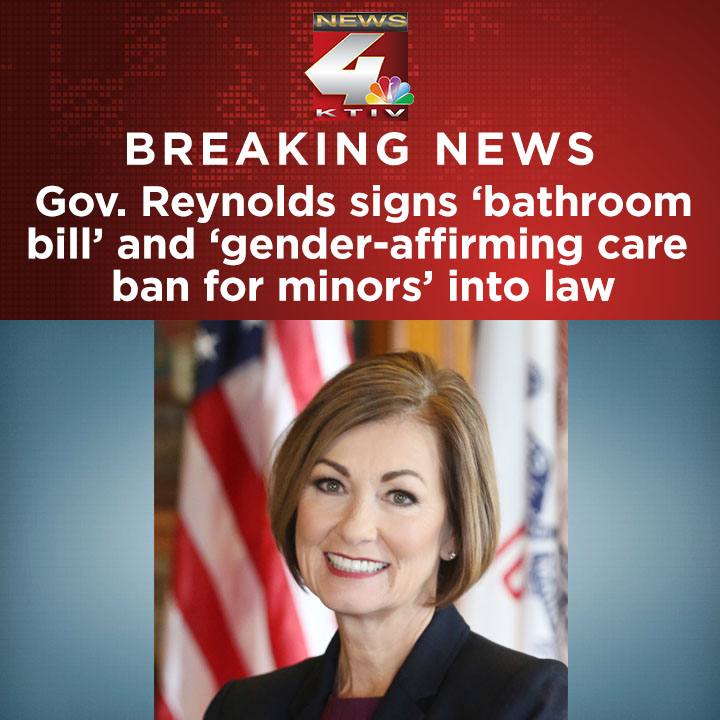 ktivnews's tweet photo. BREAKING: Gov. Reynolds has signed two bills that impact transgender children in Iowa. 

Read more: https://t.co/o91RjwuPyW https://t.co/iB3BoPEpFm