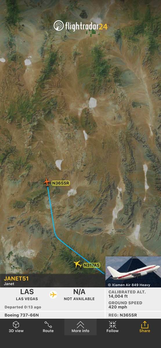 N365SR's tweet photo. Flight from Las Vegas 🎰 to Area 51 👽
https://t.co/1sq7EBqdYO #N365SR #JANET51 #JANET #AREA51 #GROOMLAKE #KTXA #KLAS #LASVEGAS #VEGAS #FR24 https://t.co/D60OGWJHbR