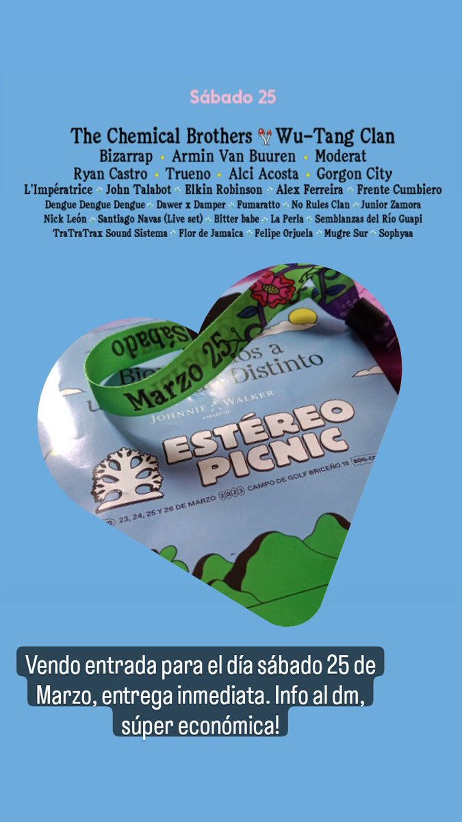 delyhc20's tweet photo. Hola, estoy vendiendo entrada para el día sábado 25 de Marzo de estereo picnic, entrega inmediata en Bogotá. #ESTEREOPICNIC2023 #theChemicalBrothers #Bogota #EstereoPicnic #Sabado #Colombia https://t.co/oL7Kjx4sJy