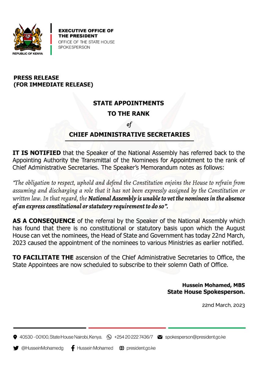 HusseinMohamedg's tweet photo. President William Ruto appoints Chief Administrative Secretaries to office. https://t.co/3FM5O8IB72